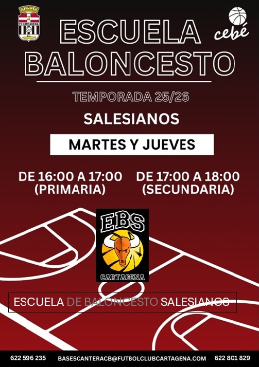 Sigue abierta la inscripción de la ESCUELA DE BALONCESTO en SALESIANOS.

Hojas de inscripción en CONSERJERÍA.

Más información:
Juan Emilio Lorente 622 596 235
basescanteracb@futbolclubcartagena.com

Formulario de inscripción
forms.gle/v1r7KRoU66ZDMk…