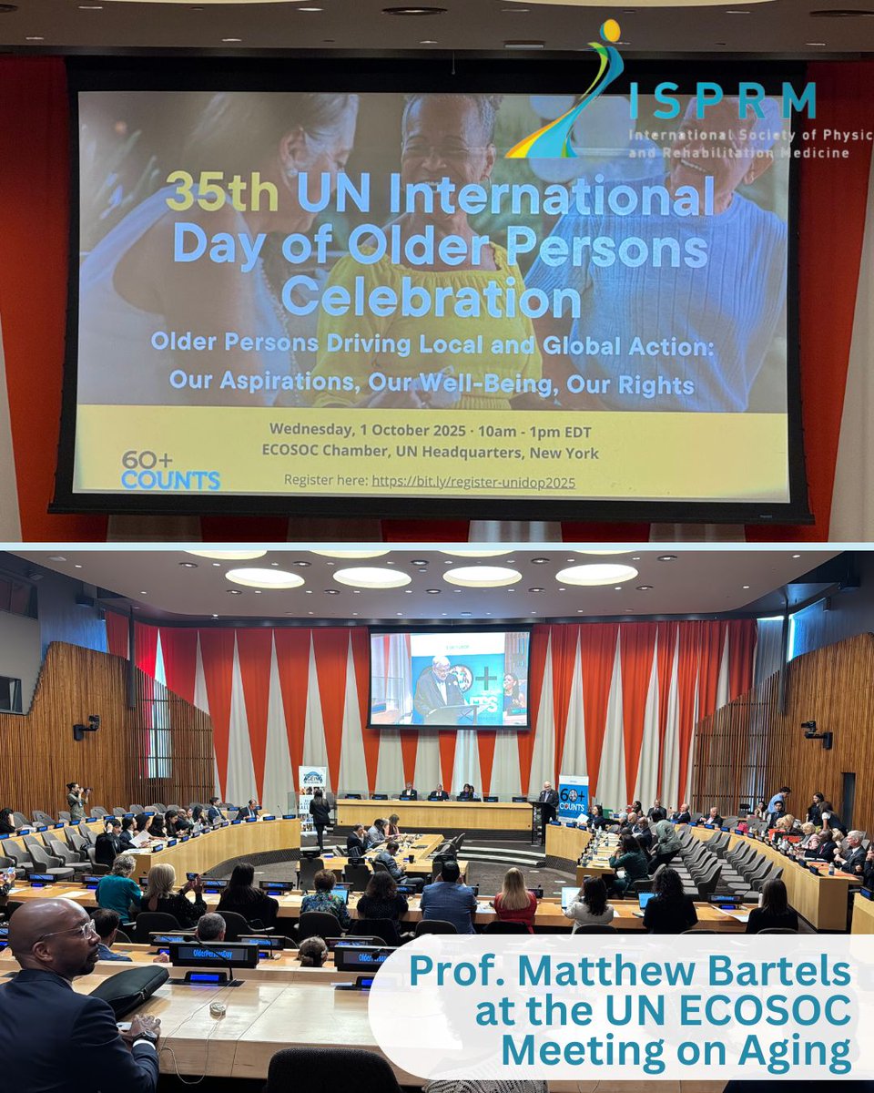 ISPRM's tweet photo. 🌍 ISPRM represented at the UN! Prof. Matthew Bartels spoke at the UN ECOSOC Meeting on Aging in NYC, highlighting the vital role of rehabilitation medicine in healthy aging &amp; inclusion worldwide. #ISPRM #UN #HealthyAging #Rehabilitation https://t.co/E75Ap8ypZQ