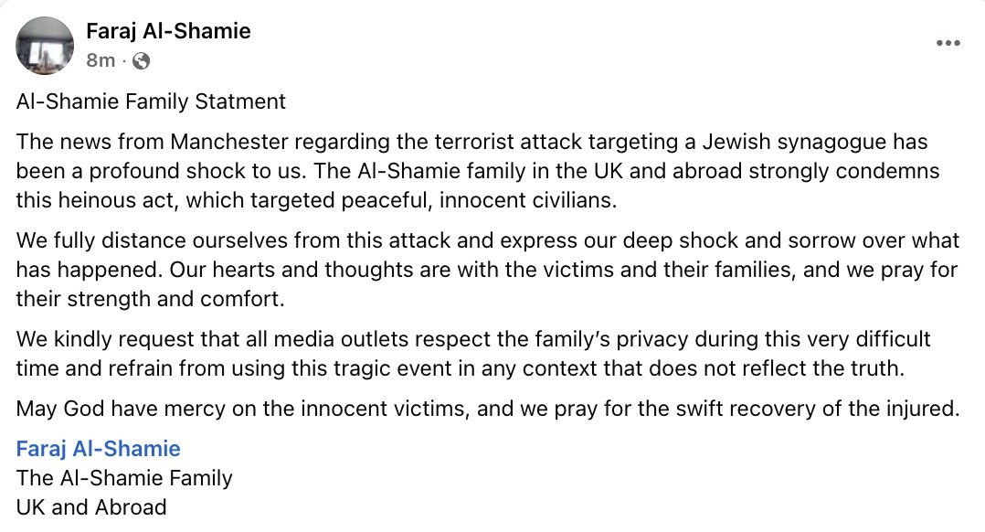 CDP1882's tweet photo. Faraj Al-Shamie, the father of Manchester synagogue terrorist Jihad, has issued a statement on behalf of his family condemning the "heinous act."

They have also urged the media to "refrain from using this tragic event in any context that does not reflect the truth." https://t.co/iBTd2AM8jx