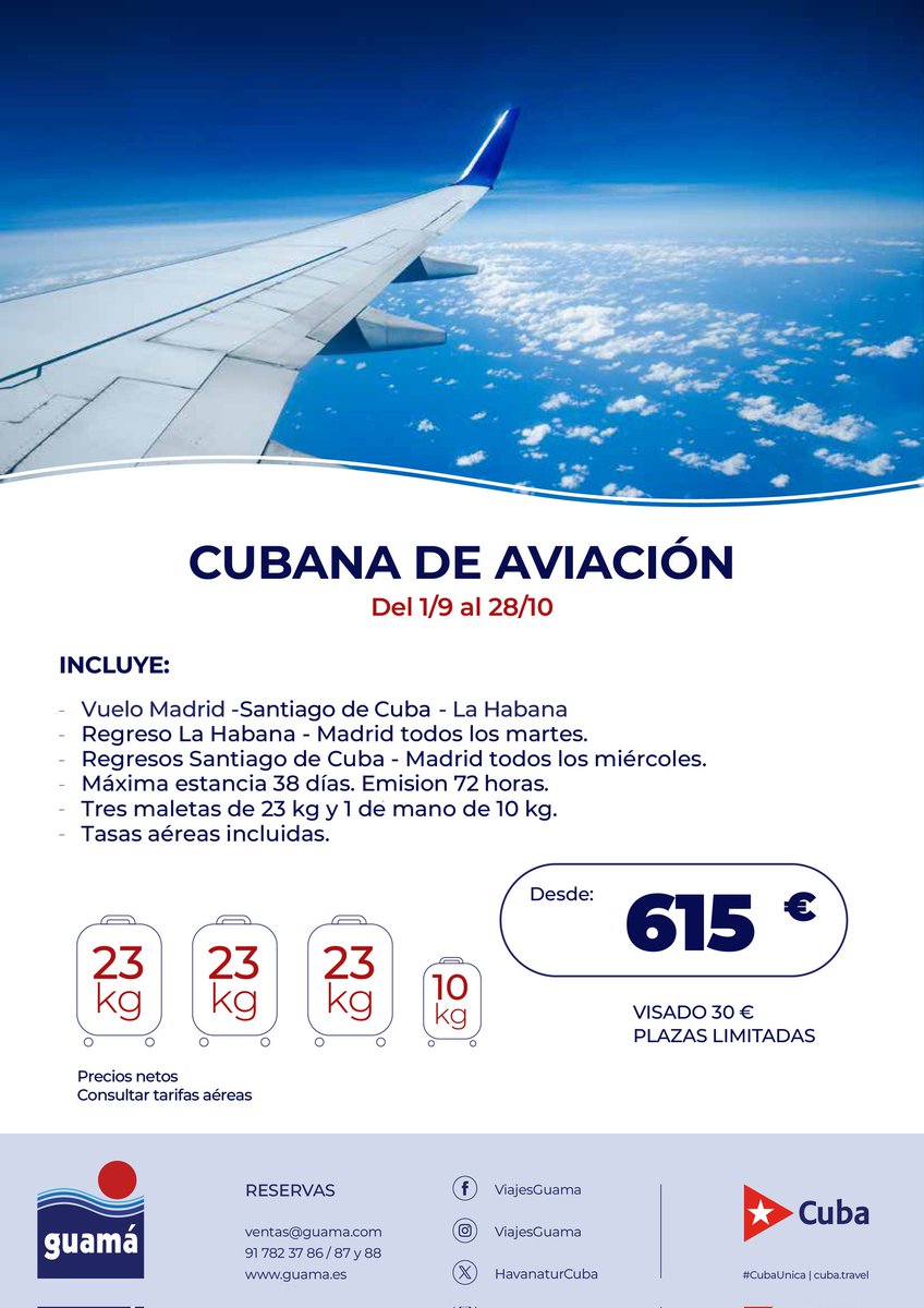 🧳🧳🧳✈️¡Asegura tu vuelo con 3 maletas a Cuba! Viaja con todo lo necesario para pasar una cómoda estancia y disfruta de la isla sin preocupaciones. Viaja con Viajes Guamá 

#CubaUnica #CubaTeEspera #AtreveteaVivirlo #traveling #viajes #vuelosacuba
