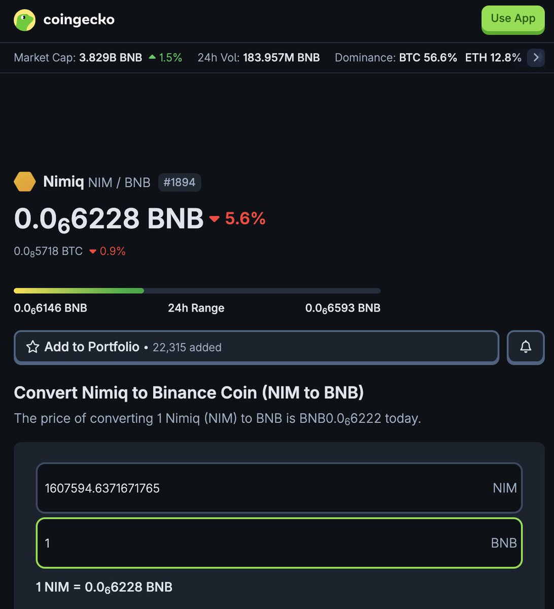 NimiqCommunity's tweet image. According to @coingecko,   
1 $BNB = about 1,610,000 $NIM.    

So the question is: how much $BNB will ~1,610,000 $NIM buy by year’s end?    

Comment your guess! Maybe you’ll start 2026 with a surprise 😎

@nimiq