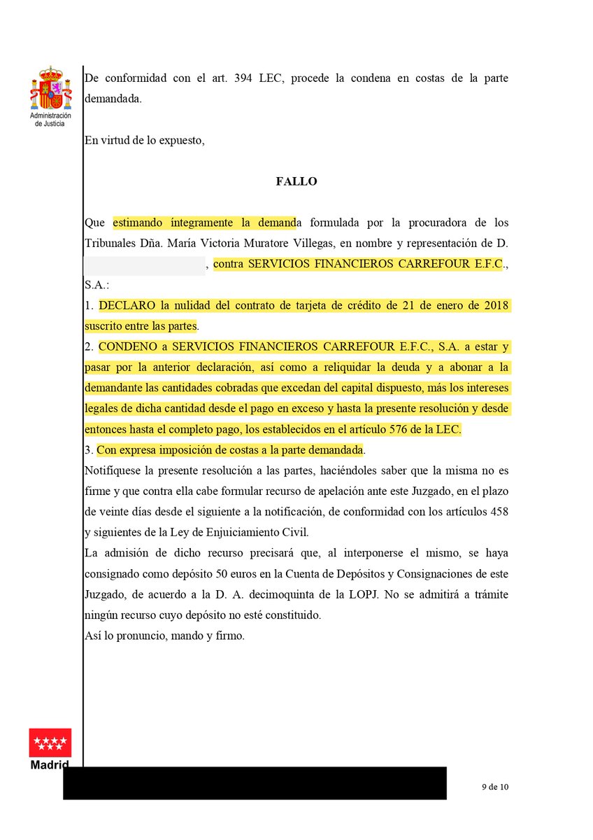 Y para acabar la semana nueva ST en la que se declara nulo por ser abusivo un contrato de CARREFOUR de 2018, por lo que al cliente se le devolverá lo que excede del capital prestado. Falta de transparencia al no informar al consumidor la manera de amortización del crédito!!