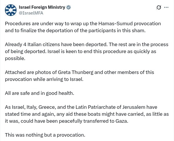 ScaryEurope's tweet image. DEPORTED‼️‼️‼️‼️
🇮🇱 ISRAEL: ACTIVISTS DEPORTED, “HAMAS-SUMUD” FLOTILLA WAS A SHAM  
Greta Thunberg and others are being deported after arriving on boats Israel calls a political stunt.

#GretaThunberg #deported #Isreal #Gaza #Hamas #flotillaglobalsumud #Flotilla