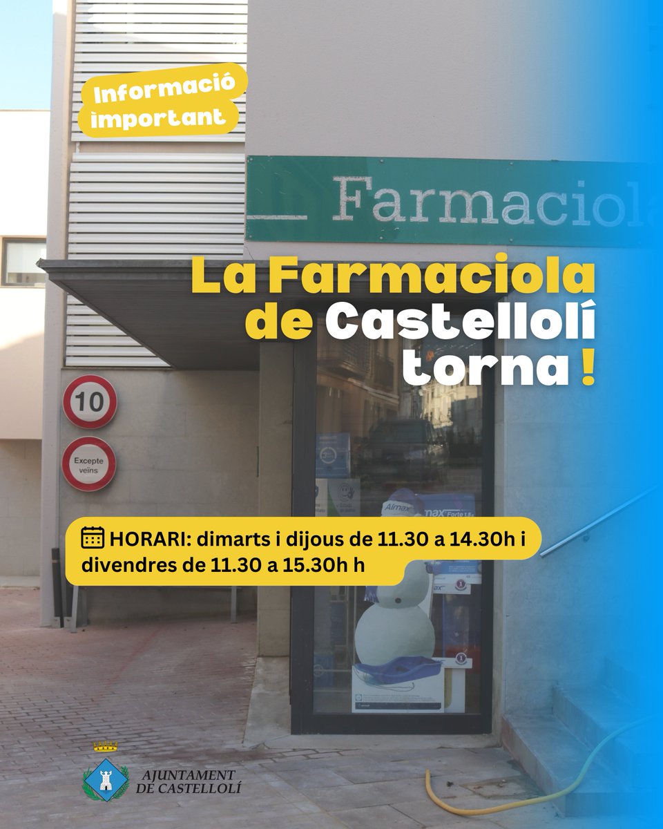 castelloli's tweet image. 🚨 Aquest 7 d’octubre la Farmaciola torna a obrir les portes.
Els serveis estaran disponibles amb tota la normalitat i es podran consultar productes i informació sobre salut i benestar.

📞 Per a més informació, contacteu al nou telèfon: 937441893
#Castellolí #Farmaciola