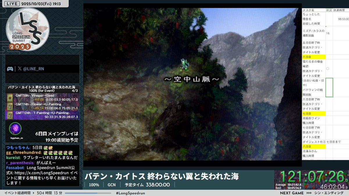 現在『バテン・カイトス 終わらない翼と失われた海』の「100%」が進行中です… 

day6は空中山脈を攻略していきます。
SPコンボ大回収と地獄のレベル上げPart2の足音が近づいてくる・・・

▼配信チャンネル
twitch.tv/longspeedrunsu…
#LongSpeedrun