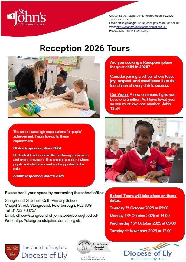 🎒 Reception 2026 School Tours – Book Now!
Come and explore the warm, welcoming environment at Stanground St John's.
Meet our team, see our classrooms, and discover what makes our school special! 🌟