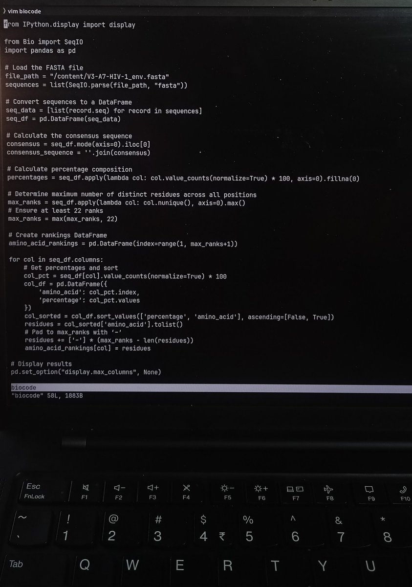 BioOmlette's tweet photo. A PhD student I met was performing calculations on HIV like residue percentage, mutation rate etc by hand. It took him 3 months of work for just one variant.
I wrote few lines of Python. Completed his work in 2 seconds.
PS: Never do in 3 months what code can do in 3 seconds. https://t.co/NU84sPTIa5