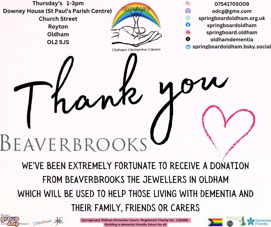 OldhamDementia's tweet image. We’re extremely grateful to @Beaverbrooks Oldham. We are all volunteers so every penny we receive goes to helping our members living with dementia, along with their families to have fun and socialise. 
#FridayFundraising
#OldhamHour #Dementia #Carers 
#LivingWellWithDementia