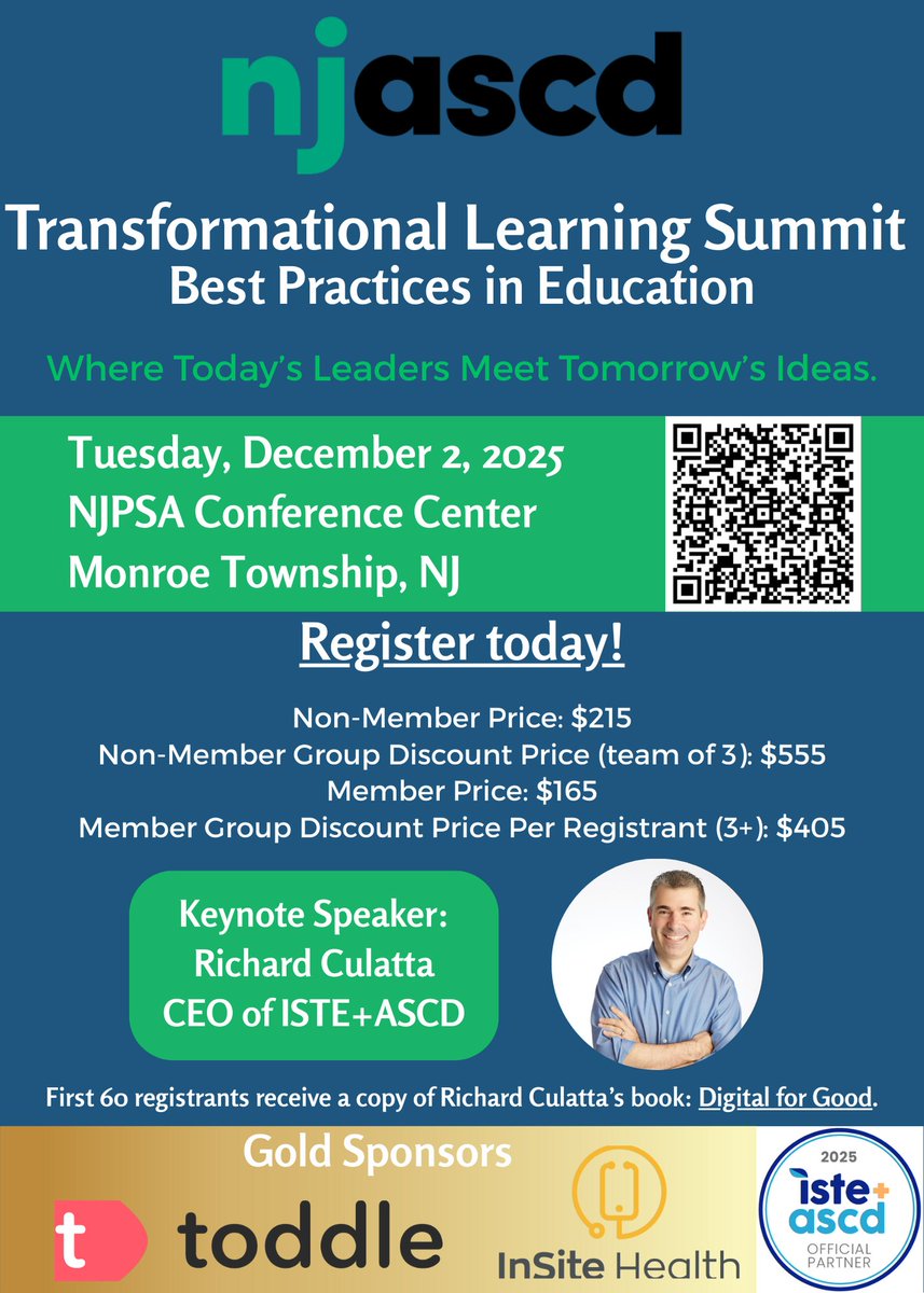 njascd's tweet image. Transformational Learning Summit! 💡 Keynote: Richard Culatta (ISTE+ASCD CEO). Dec 2, 2025 in Monroe, NJ. First 60 get a FREE book! Don&apos;t miss this! Register: docs.google.com/forms/d/e/1FAI… njascd.org 
#NJASCD #ISTEASCD
@NJASCDSouth @NJASCDNorth @NJASCDCentral