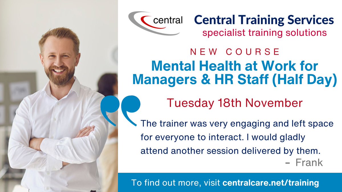 CentralCare's tweet image. The trainer for Central Training’s Mental Health at Work for Managers &amp;amp; HR Staff course (18.11) has had great feedback from delegates who have attended their training in the past. Book your space now!
🔗 centralcare.net/training/open-…
#SocialCare #VirtualTraining #MentalHealth #HR