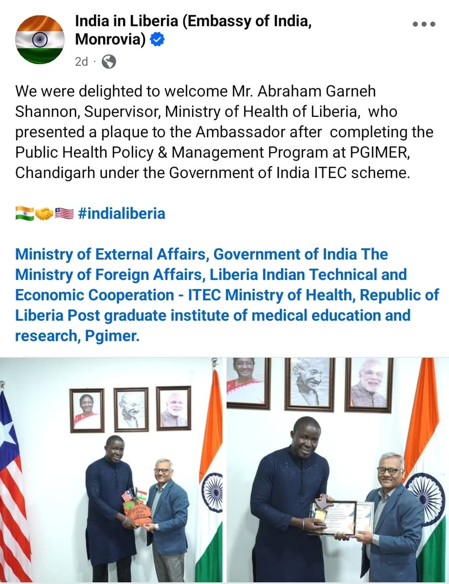 iphmdp's tweet image. Proud moment for #IPHMDP! 
Our participant Mr. Abraham Garneh Shannon, Supervisor, Ministry of Health 🇱🇷, was warmly welcomed by the @IndiainLiberia, Embassy of India in Liberia after completing 6th PHPM at PGIMER 🇮🇳 under the #ITEC initiative.