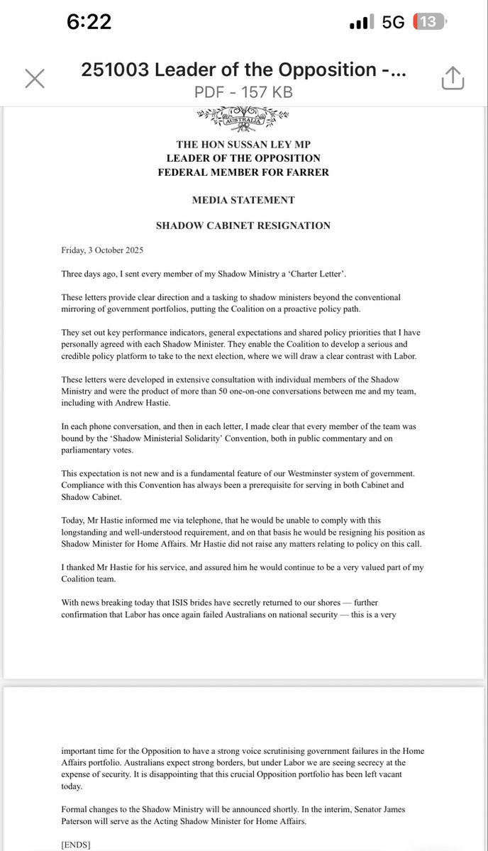 Sussan Ley’s full statement, after Andrew Hastie resigned as Shadow Home Affairs Minister ⬇️