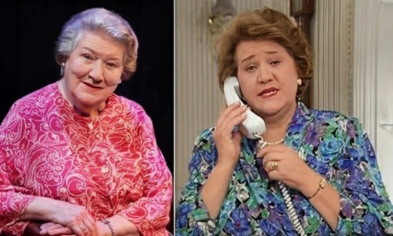 Patricia Routledge wearing a pink floral-patterned outfit, sitting with hands clasped. Patricia Routledge wearing a blue floral-patterned outfit, holding a white telephone receiver to her ear.