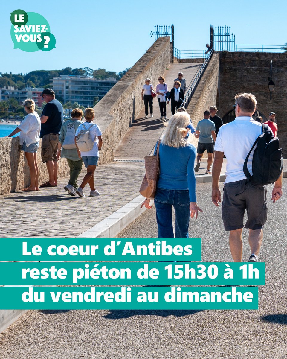 🤔 Le saviez-vous ❓

🚶‍♂️ Le Vieil Antibes reste piéton tous les week-ends de l’année

👉 Les vendredis, samedis et dimanches, de 15h30 à 1h, l’intégralité du cœur de ville d’Antibes est sans voiture, pour une déambulation en toute sécurité des Remparts jusqu'à Marenda Lacan

💡