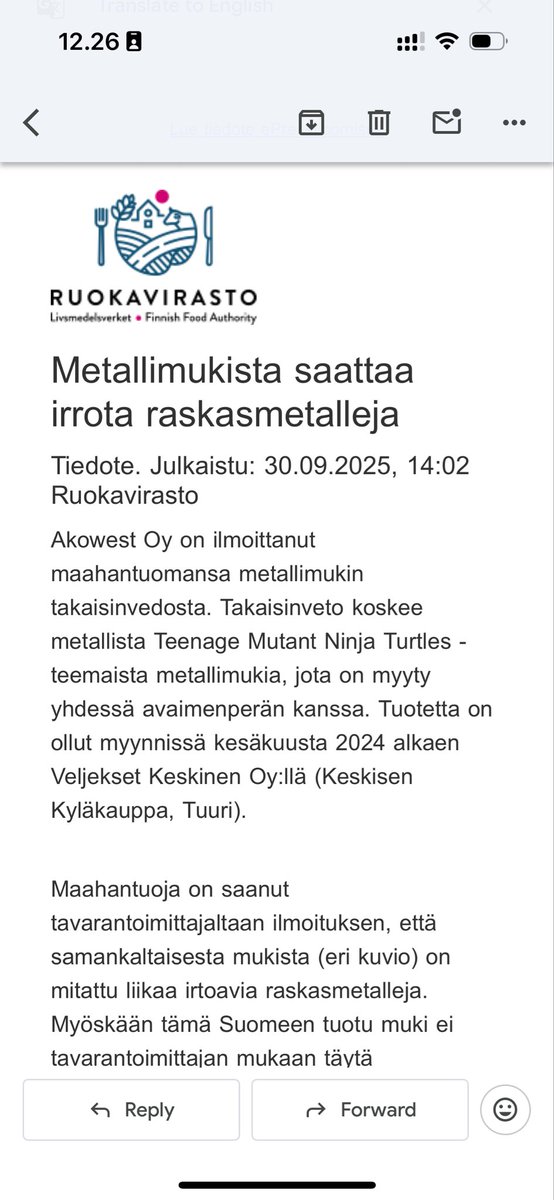 Finnish Food Authority just sent out an alert few days ago:
 A mug sold in Finland was found to contain unhealthy levels of heavy metals.
1/4