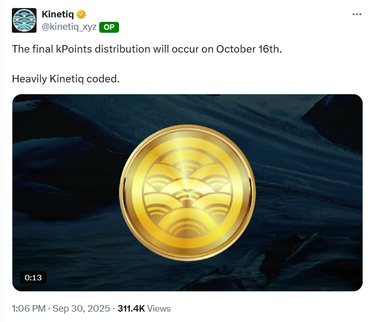 SecretoDefi's tweet photo. Pues otro proyecto que llega a su distribución final de puntos > Kinetiq

El próximo 16 de Octubre se acabarán de repartir los kPoints

A partir de aquí veremos si se viene el TGE pronto

Si tenéis YTs en Pendle, recordad que el día 6 valdrán 0 por si queréis saliros antes

¿Cuantos puntos has acumulado hasta ahora? 🤔