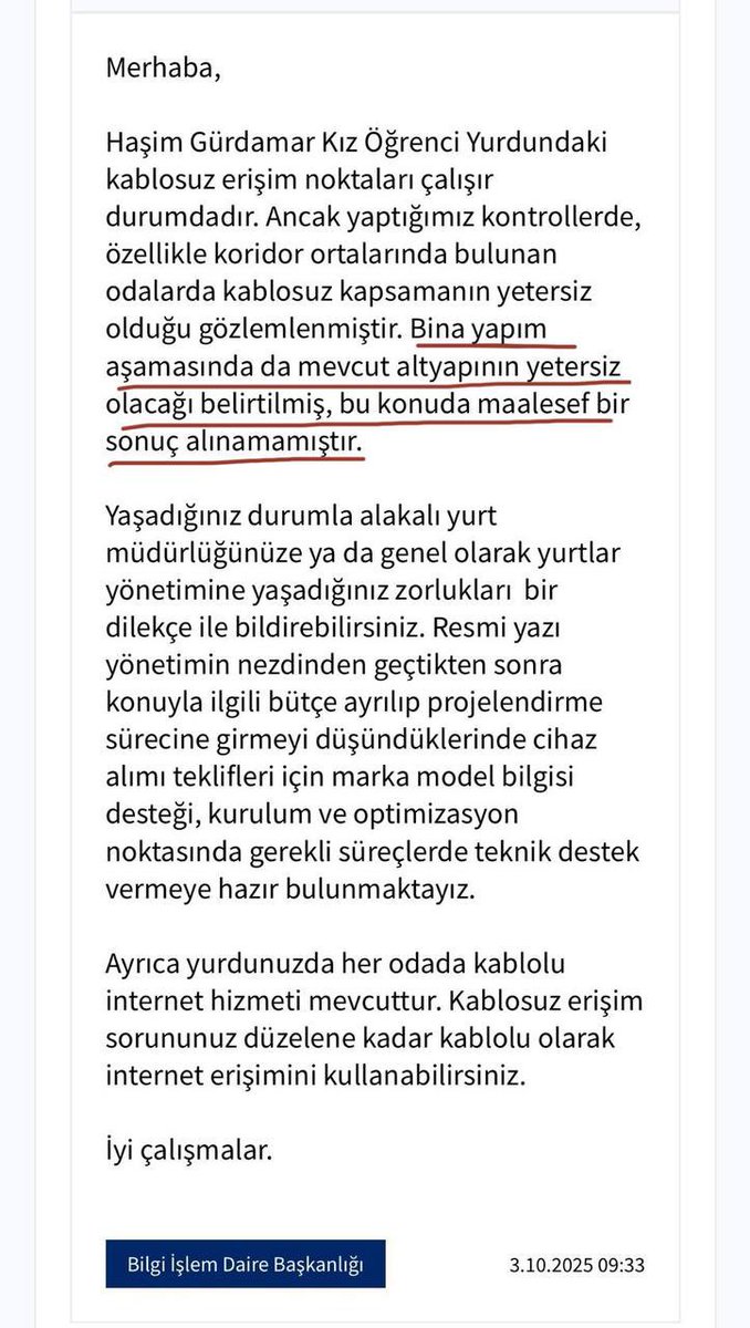 İTÜ YURTLARI MAĞDUR ETMEYE DEVAM EDİYOR

Yapımı geçen yıl biten Haşim Gürdamar Kız Öğrenci yurdunda öğrenciler odalarda internete bağlanamıyor. Bilgi İşlem Daire Başkanlığı’nın verdiği bilgiye göre kablosuz internet altyapısının yetersiz olduğu bilgisi yurt inşaası esnasında