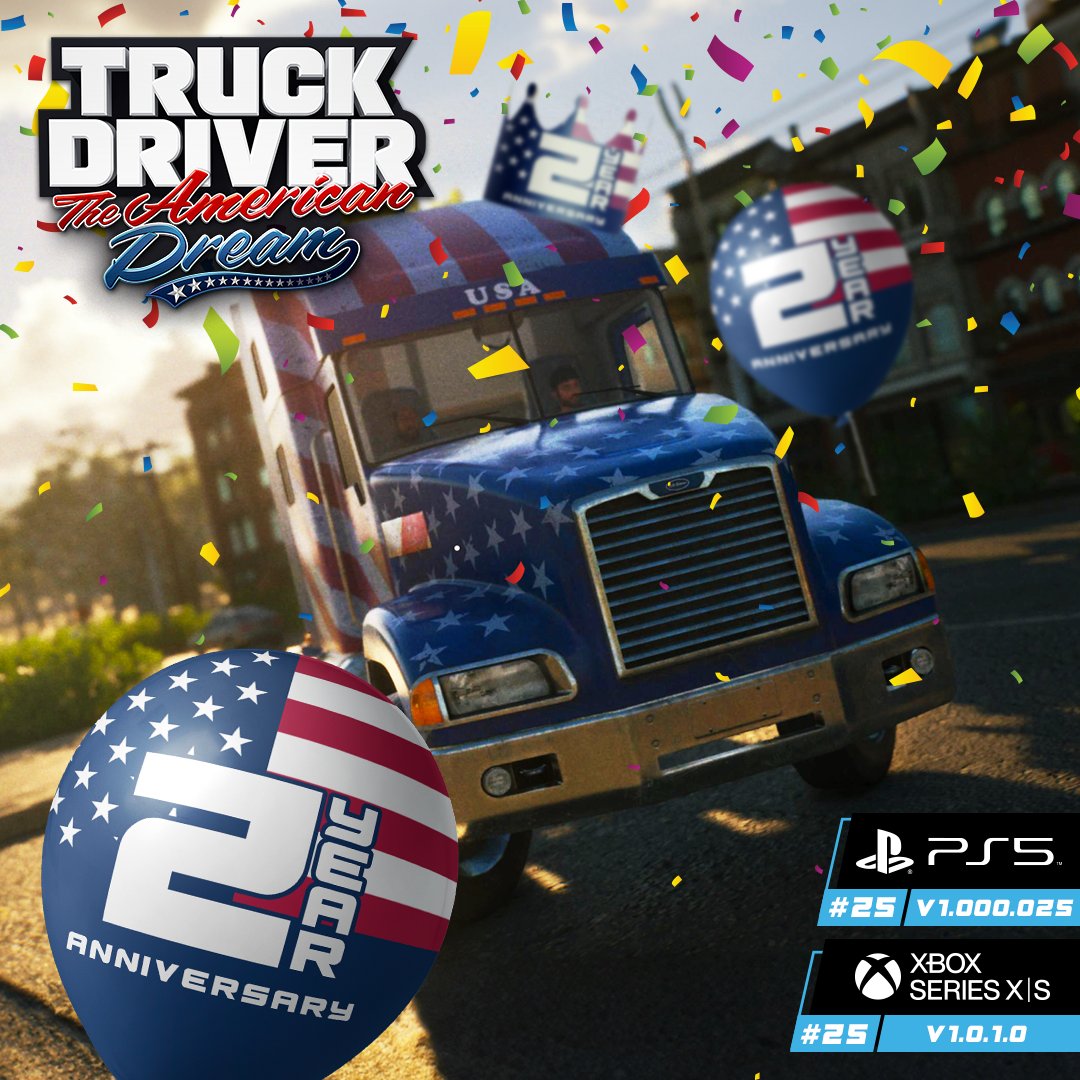 🇺🇸🚛 It’s time! We’re celebrating the 2nd anniversary of #TruckDriver:The American Dream with a big update! 🎉​

Patch 25 is LIVE on #PS5 &amp; #XboxSeriesXS:
🗺️ 5 “Freedom To Roam” missions​
👀 Improved draw distance​
🎨 Better HDR/SDR visuals​
…and MORE!​ soedesco.com/news/truck-dri…