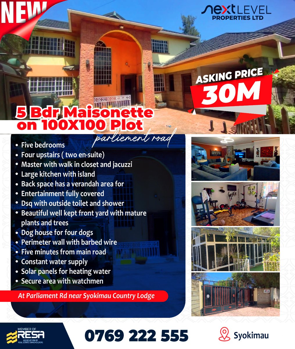 NLPKenya2025's tweet photo. 🏠 NEW 5-BEDROOM MAISONETTE ON 100X100 PLOT - 30M!

• Luxury Living on Parliament Rd!
• 5 bedrooms (2 en-suite)
• Master with walk-in closet & jacuzzi
• Large kitchen with island
• Covered veranda & entertainment area
• Dsq with outside toilet
• Beautiful front yard with mature plants
• Dog house for 4 dogs
• Secure with watchmen

Call: 0769 222 555 | Syokimau
