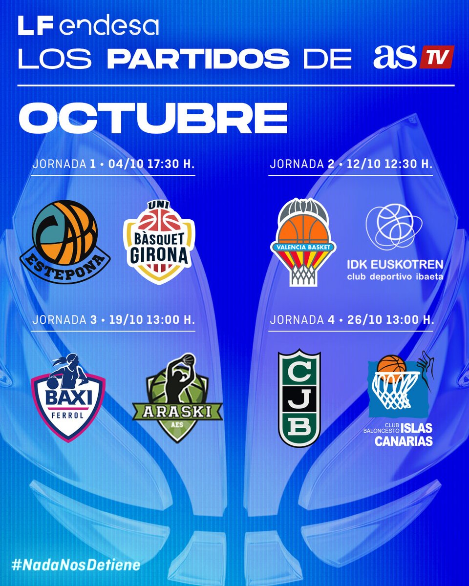 BaloncestoESP's tweet photo. ♀️ #LFEndesa @basketlover | Guarda este tuit 💾

Todos los partidos del mes de octubre en @teledeporte (domingos a las 11:00 🚨) y en @diarioas 📺

Y también el PARTIDO ESTRELLA de nuestro canal de @YouTube... con los comentarios de @palomekix y @AtigaS8 🎙️ https://t.co/MCci0NYdaQ