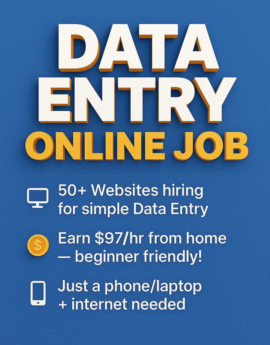 robertsmith_ai's tweet photo. 💻 50+ Websites hiring for simple Data Entry

💰 Earn $97/hr from home — beginner friendly!

📱 Just a phone/laptop + internet needed

✨ No skills or experience required

💬 Follow ( @robertsmith_ai ), Like, Repost &amp; Comment “Online” for the list &amp; DM. https://t.co/U8NlgHujrH