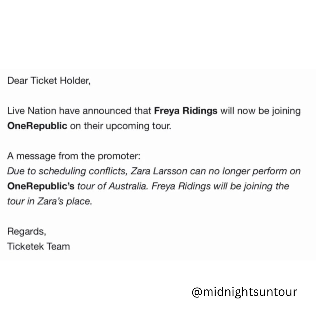 Zara Larsson will no longer be opening for OneRepublic's Australia