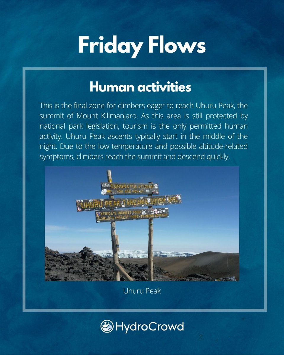 HydroCrowd's tweet image. 🌍 #FridayFlow | Kilimanjaro’s summit is an icy, arctic world of glaciers, scree & snow — too harsh for life, except a few lichens.
❄️ Uhuru Peak marks the final push for climbers & a visible sign of climate change as glaciers shrink.
📲 #HydroCrowd supports open data below!