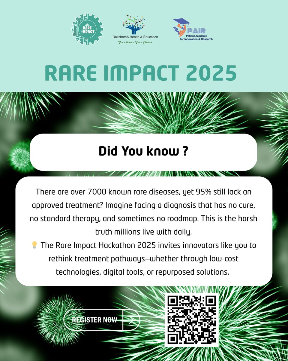 🚨 Did you know? 95% of 7000+ rare diseases have no approved treatment.

Rare Impact Hackathon 2025 invites innovators to rethink solutions- digital, low-cost, or repurposed.

Be the change millions need. 🌍

Register now to Participate:  dakshamahealth.org/Hackathon.html