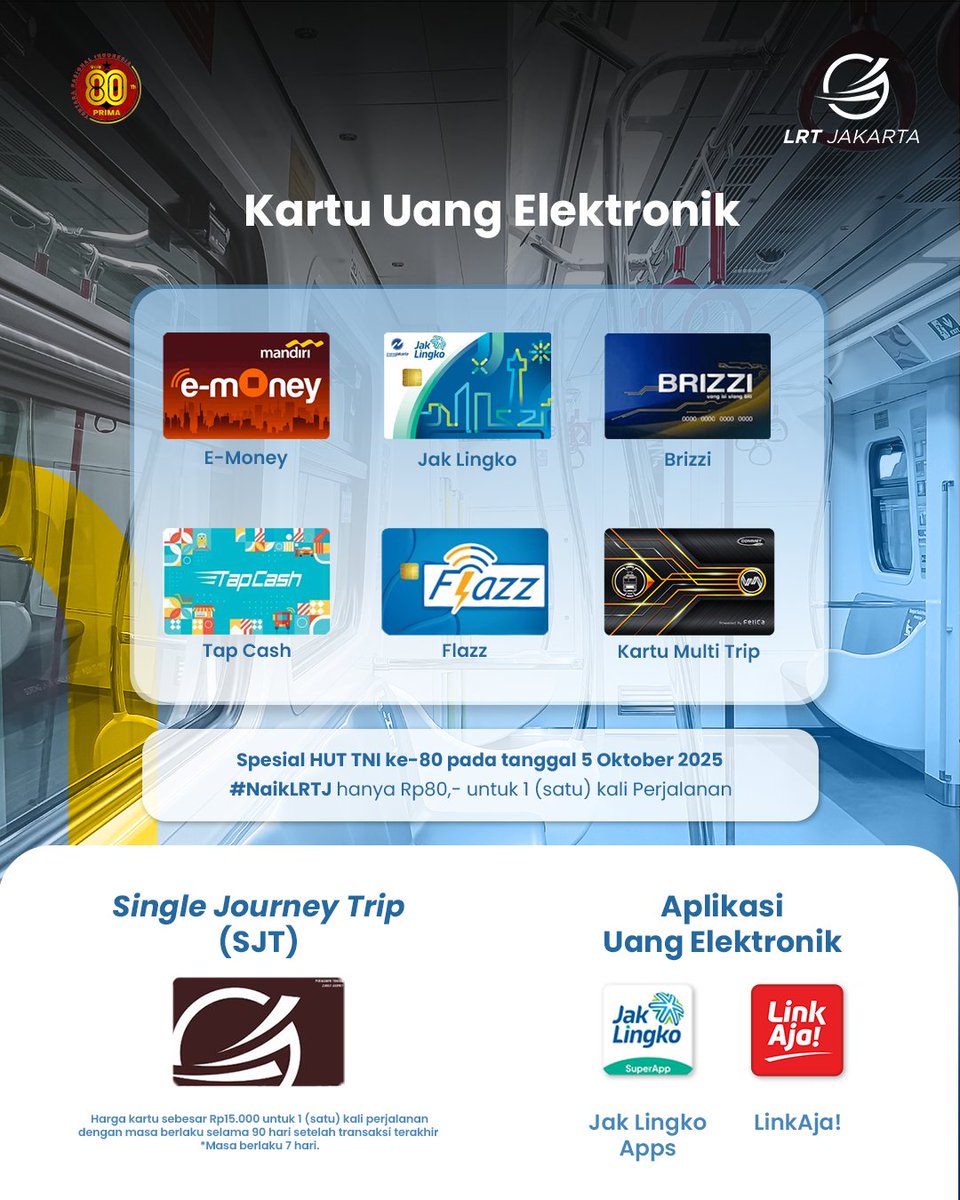 lrtjkt's tweet photo. Rayakan HUT TNI ke-80 bareng #LRTJ!
Nikmati perjalanan spesial hanya Rp80,- 🚆✨

📅 5 Okt 2025
📍 Berlaku 1x perjalanan di seluruh stasiun LRT Jakarta
💳 E-Money, Jak Lingko, Brizzi, TapCash, Flazz, KMT, LinkAja

#HUTTNI80 #NaikLRTJ #LRTJ https://t.co/GYqWm9tXS9