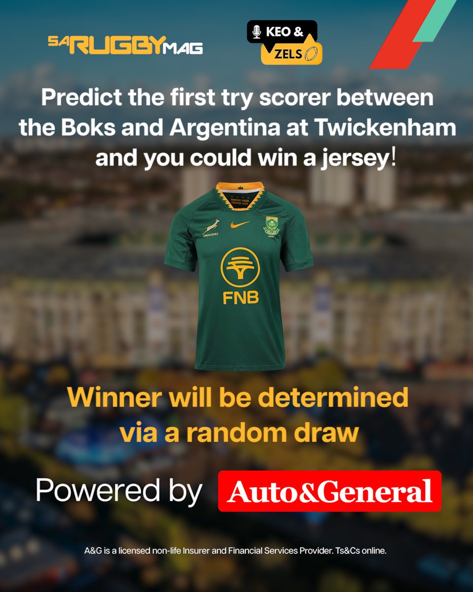 SARugbymag's tweet photo. Time to win with @AutoandGeneral!
Predict which player will score the first try in Saturday's Rugby Championship decider between the Springboks and Argentina at Twickenham and you could win a Bok Jersey, thanks to #AutoAndGeneral!
#NeverNotThere https://t.co/eMvccxIwH8
