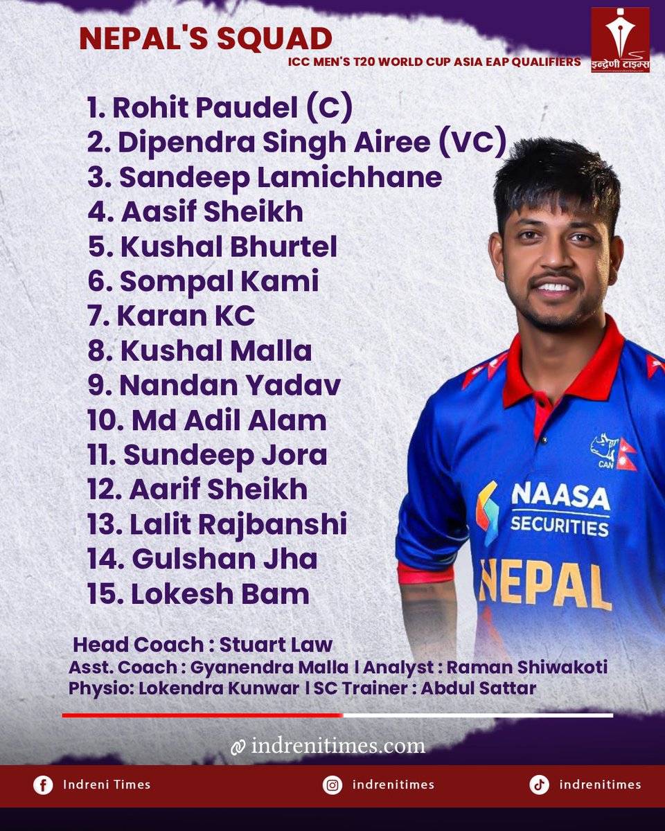 indreni_news's tweet photo. CAN officially announces Nepal’s squad for the ICC Men’s T20 World Cup Asia &amp; EAP Qualifier!
The team remains unchanged from the historic West Indies series lineup! 📷
Let’s stand together and cheer for our boys in blue! 📷
#indrenitimes
#NepalCricket #T20WorldCupQualifier https://t.co/IyjZIUfZns