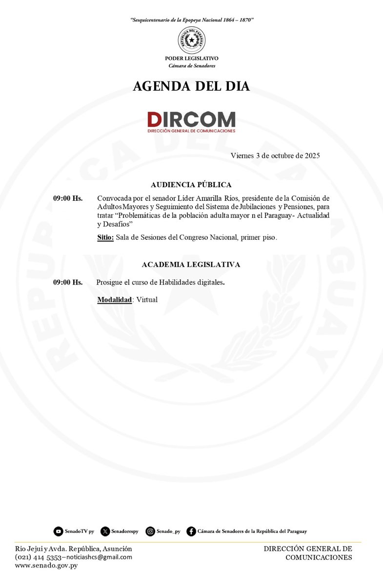 La Cámara de <a href="/SenadoresPy/">SenadoPy</a>, en la jornada de hoy registra estas actividades en su agenda.

__
🗓️#AgendaSenado| Viernes 03/Octubre