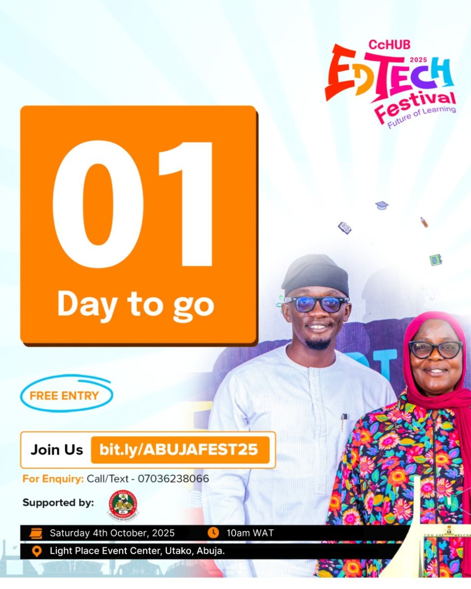 Distinction_AI's tweet image. Tomorrow is the day!
The 2025 CcHUB EdTech Festival kicks off in Abuja.
Don’t just hear about it—be there!

bit.ly/ABUJAFEST25

#Distinction #FlexiSAF #EdTech