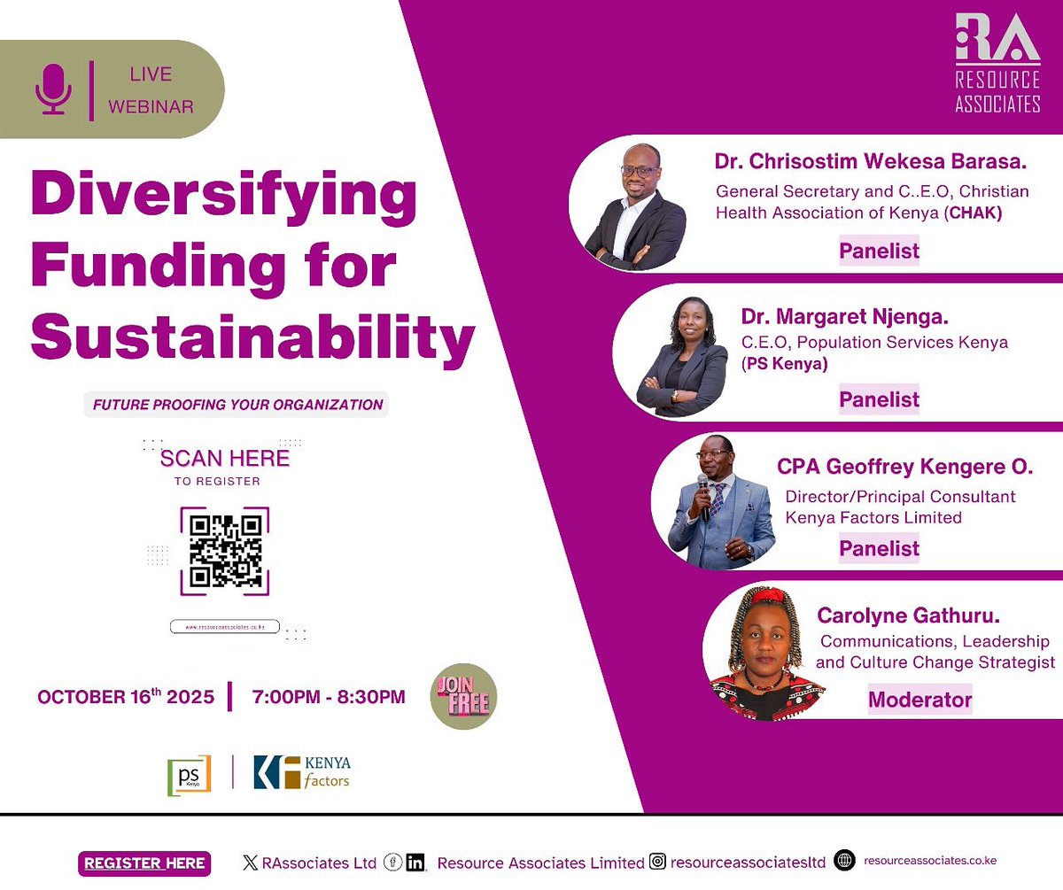 RAssociatesLtd's tweet photo. 13 DAYS LEFT! 🚨 Secure your spot for Diversifying Funding for Sustainability.

Learn from the best:

Dr. Barasa (CEO, CHAK)

Margaret Njenga (CEO, PS Kenya)

CPA Kengere (Kenya Factors Ltd)

Talk driven by the powerful moderator, Carolyne Gathuru!

Limited slots. REGISTER NOW! https://t.co/D6RAgEUpzJ