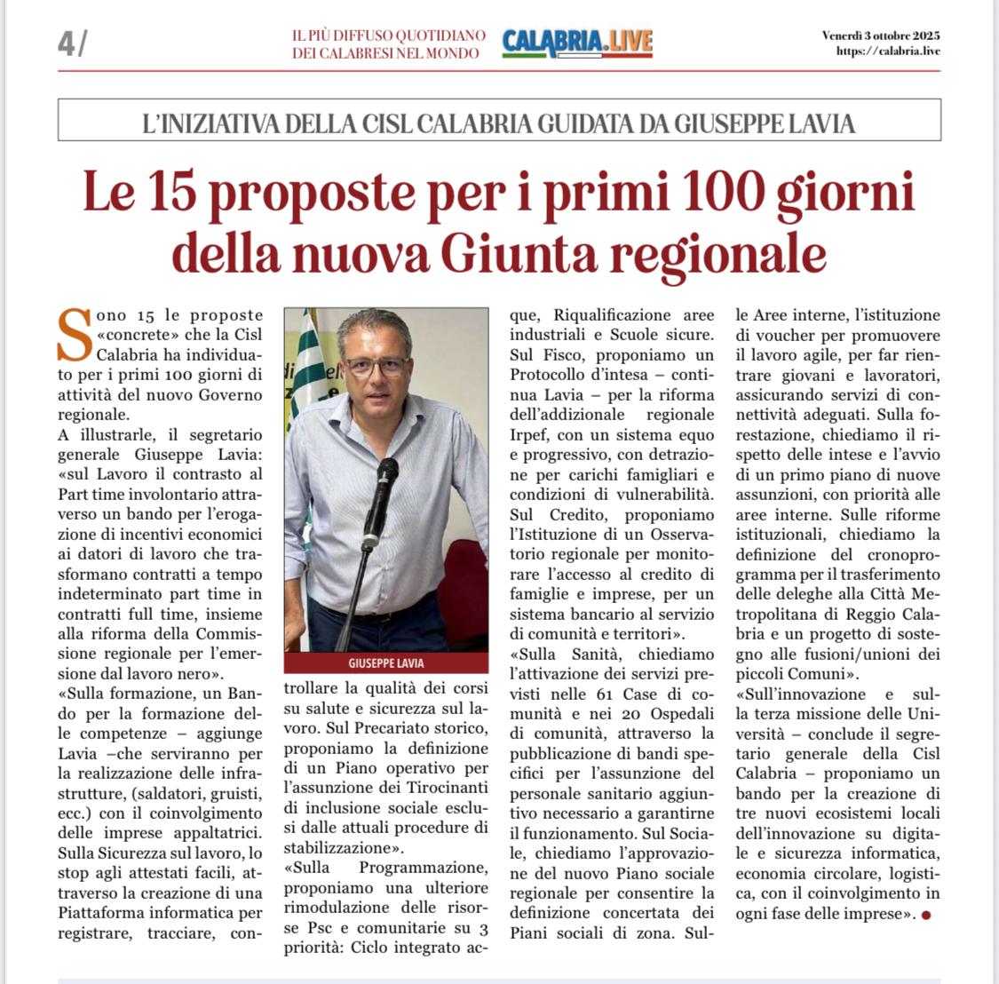 CISLCalabria's tweet photo. Le 15 proposte della CISL Calabria per i primi 100 giorni del nuovo Governo regionale.
La notizia su #GazzettaDelSud e #CalabriaLive di oggi. https://t.co/fMrqnLqXWI
