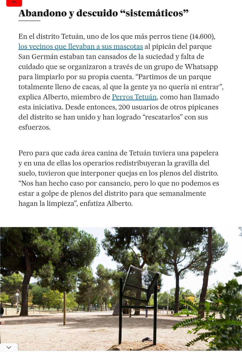 El periódico <a href="/el_pais/">EL PAÍS</a> recoge la denuncia de <a href="/perrostetuan/">Perros Tetuán</a>: no se asignan suficientes operarios para cumplir las obligaciones contractuales de <a href="/ValorizaSM/">Valoriza</a> de limpieza de pipicanes, ni hay control del Ayuntamiento para que las cumplan. Es agotador lograr que hagan lo mínimo.
