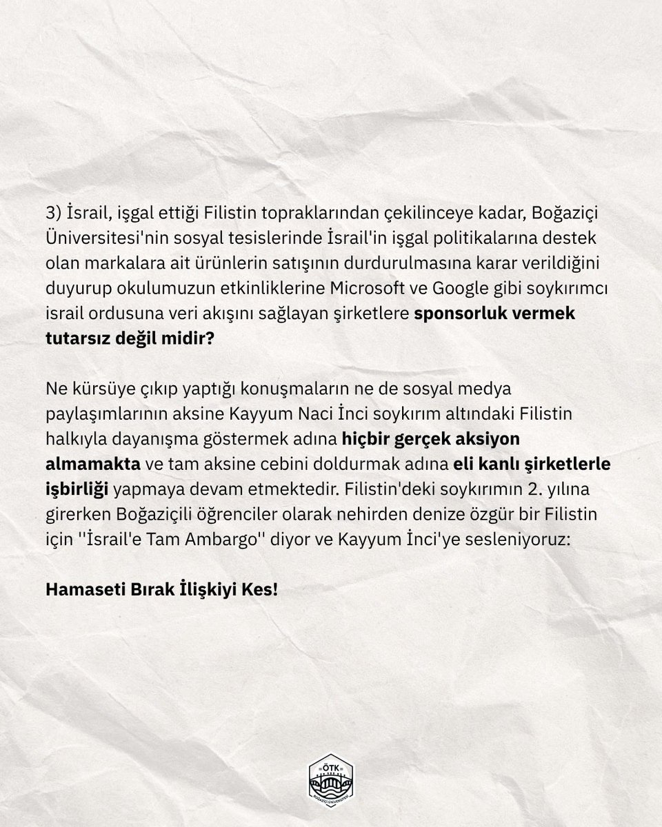 Boğaziçi öğrencileri olarak Kayyum Naci İnci'ye açık çağrımızdır: Hamaseti Bırak İlişkiyi Kes!