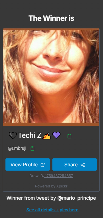 🏆 Habemus ganadora 🏆

Enhorabuena a <a href="/Embruji/">🖤Techi Z✍💜</a> 🙌🏼🎉

Gracias a todos por participar, hasta el próximo sorteito! 🥰