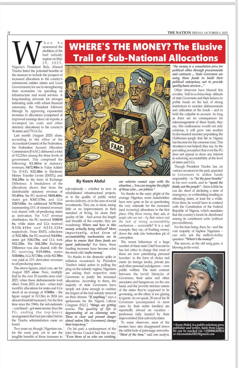 WHERE’S THE MONEY? The Elusive Trail of Sub-National Allocations by Keem Abdul <a href="/OmoNaijj/">OmoNaija</a> 

When he announced the abolition of the fuel subsidy regime on May 29, 2023, Nigeria’s President Bola Ahmed Tinubu listed the potential benefits of the measure to include the prospect of