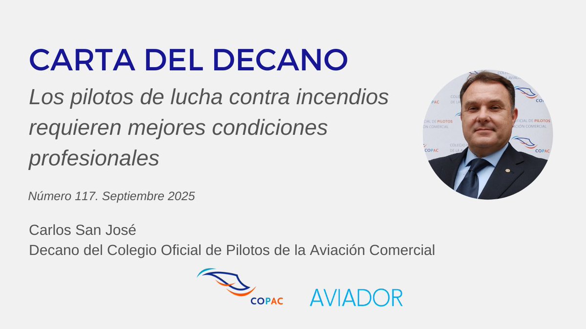 DecanoCOPAC's tweet image. Los #pilotos de extinción de incendios requieren mejores condiciones profesionales. Comparto esta reflexión sobre el compromiso real necesario de todas las autoridades competentes y actores implicados para  abordar los problemas del sector #IIFF linkedin.com/pulse/los-pilo…