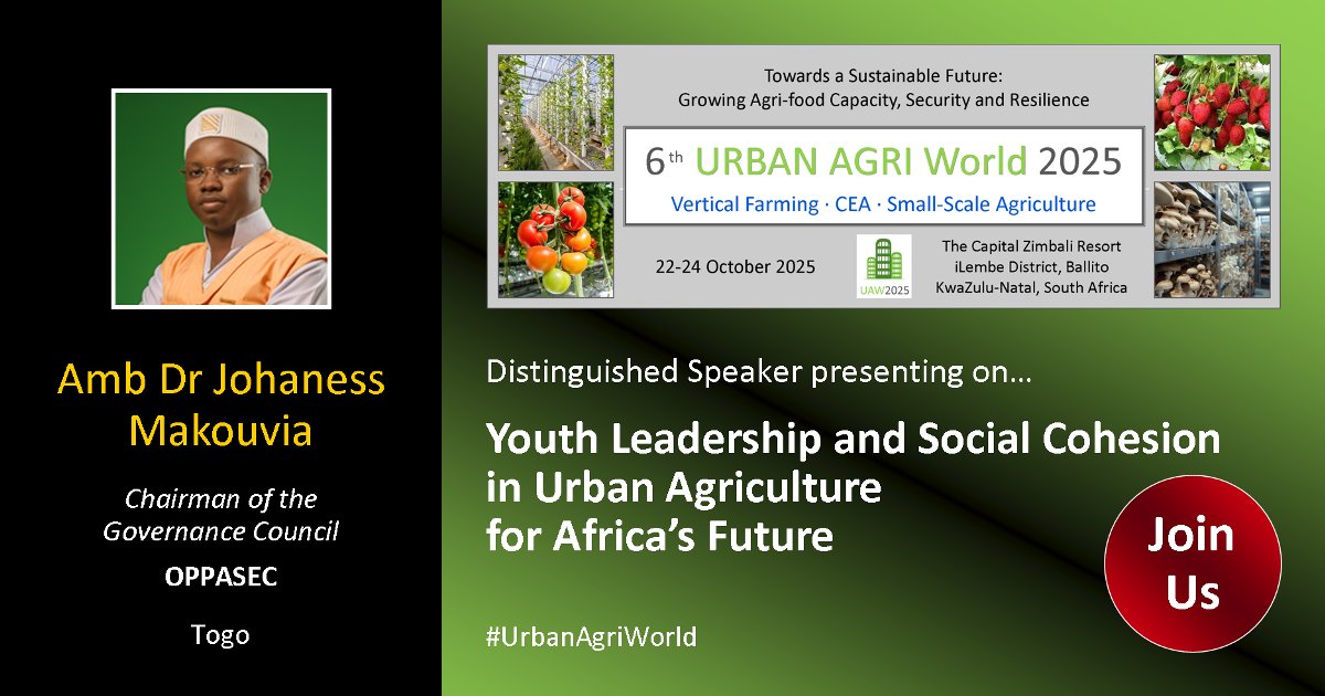 josemaglobal's tweet photo. 6th #UrbanAgriWorld Summit 2025
Oct 22-24 #SouthAfrica
Amb Dr Johaness Makouvia joins #UAW2025 in #Ballito #KZN!
TOPIC: "#YouthLeadership &amp; #SocialCohesion in #UrbanAgriculture for Africa’s Future".
Visionary peacebuilder &amp; diplomat shaping #Africa’s resilient urban food future. https://t.co/snsR4F7Sgw
