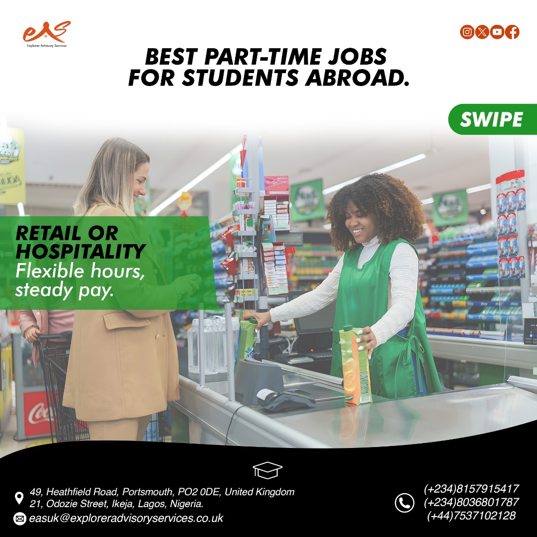 ExplorerServic's tweet image. Studying abroad is exciting but living abroad can get expensive 💸

At EAS, we help you find student-friendly jobs, balance work &amp;amp; studies, &amp;amp; build skills for your future🌍🎓

DM us today to start your journey!
📞 +234 815 791 5417

#EAS #StudyAbroad #WorkAndStudy #student
