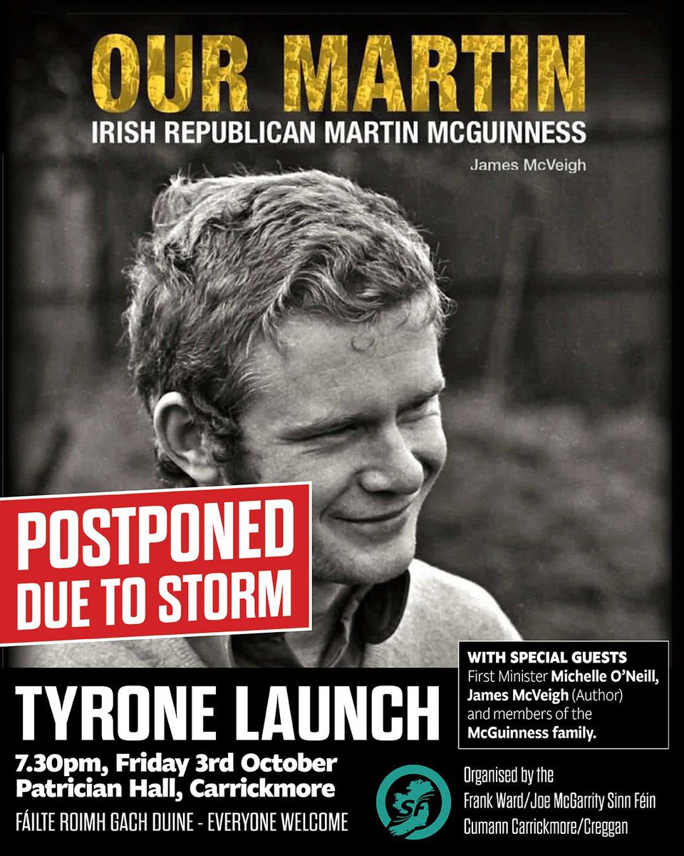 CarrickmoreSF1's tweet photo. Due to storm Amy and in the interests of everyone’s safety the book launch in the Patrician has been postponed and will be rescheduled as soon as possible.
Stay safe everyone - and please reach out to us if you need any assistance during this adverse weather. https://t.co/lVNoPTtFRs