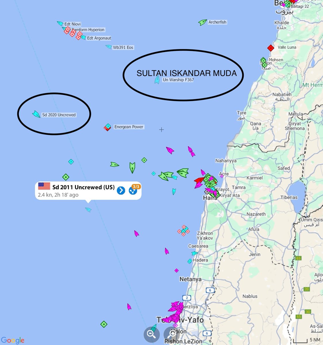CeciliaSykala's tweet image. 2 more  USA 🇺🇸 #USV Uncrewed ‘Drone’ vessels, this time off  the coast of Israel &amp;amp; Lebanon.

SD 2011 uncrewed   MMSI  338431561
SD 2020 uncrewed  MMSI  338432787

Also Indonesian UN combat ship SULTAN ISKANDAR MUDA.  MMSI  525014044