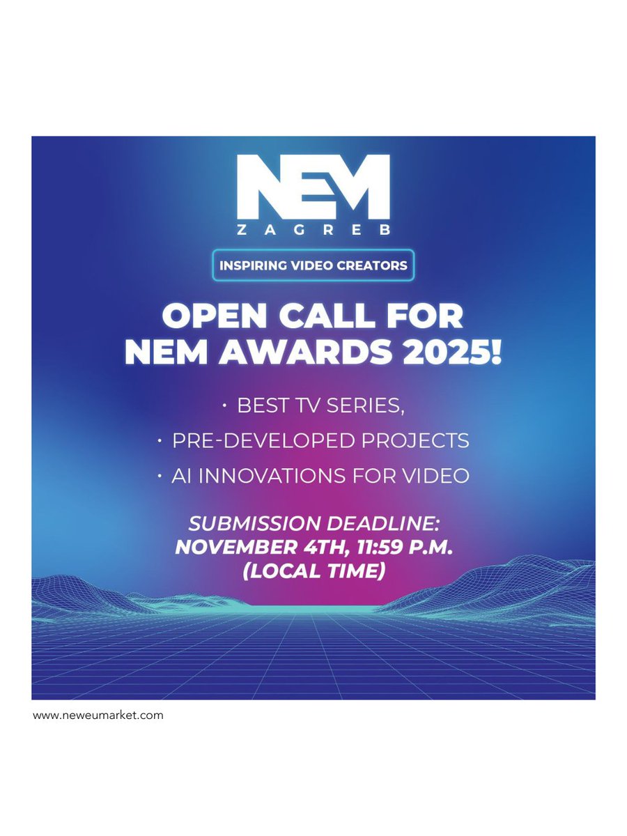 Calls NEM Awards 2025 | Até 04 de novembro

Consulte todas as informações e regulamentos em neweumarket.com/zagreb/about-n…

#APIT #APITV #NEM #NEMAwards #NEMZagreb #audiovisual #independentproducers