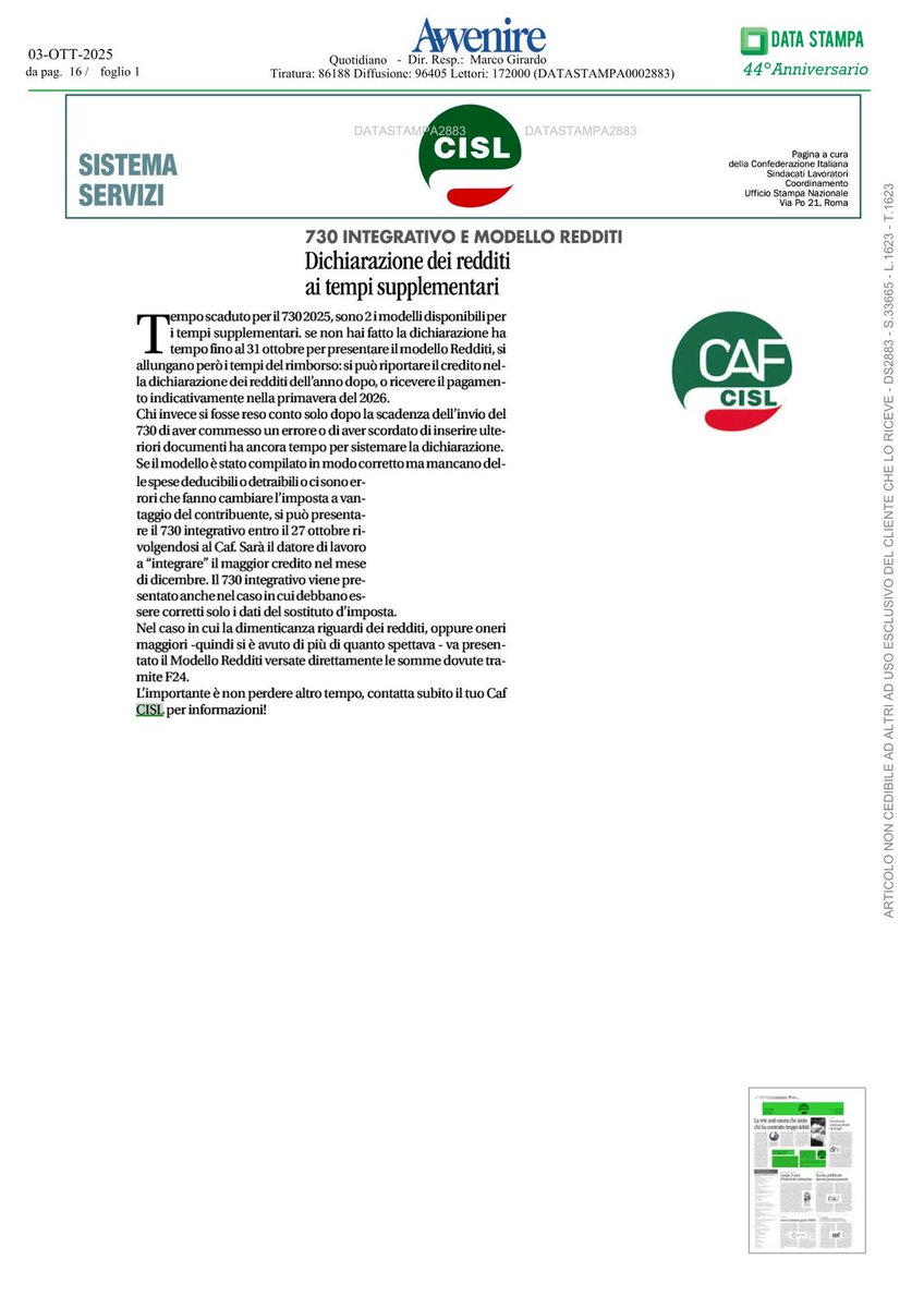 Oggi su <a href="/Avvenire_Nei/">𝐀𝐯𝐯𝐞𝐧𝐢𝐫𝐞</a> 
⏱️Tempo scaduto per il 730, si passa al Modello Redditi fino al 31 ottobre
😟In caso di errore nel 730: 730 integrativo o Modello Redditi
Contatta subito la tua sede #CafCISL per assitenza
Leggi su: cafcisl.it/stop_al_730_or…