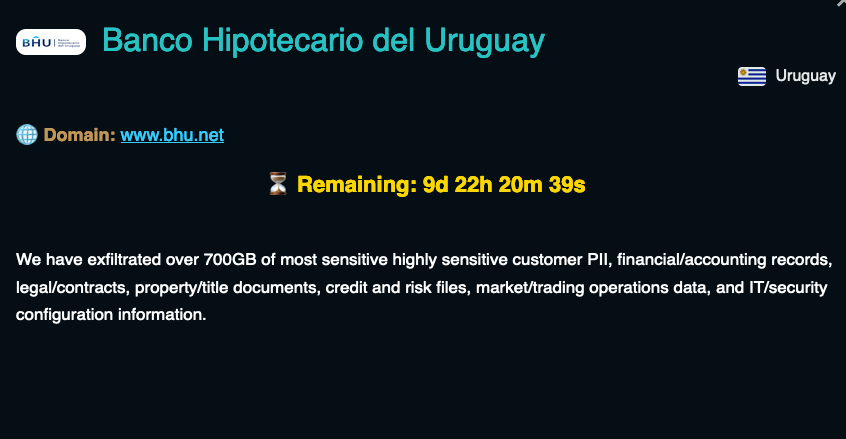_venarixES_'s tweet photo. El grupo #Crypto24 #ransomware se adjudica el #ciberataque perpetuado a Banco Hopetecario de #Uruguay 🇺🇾 (https://t.co/kpg7Lvtxmp), un banco estatal dependiente del Ministerio de Economía y Finanzas (@mef_Uruguay)...
Monitorea este incidente en #VenariX ➡️ https://t.co/OW9Te2XdwS
#ciberataque #ciberseguridad #BancoHipotecario #Montevideo #infosec #CyberAttack #CyberSec #banco #finanzas #ransomwareattack #BHU