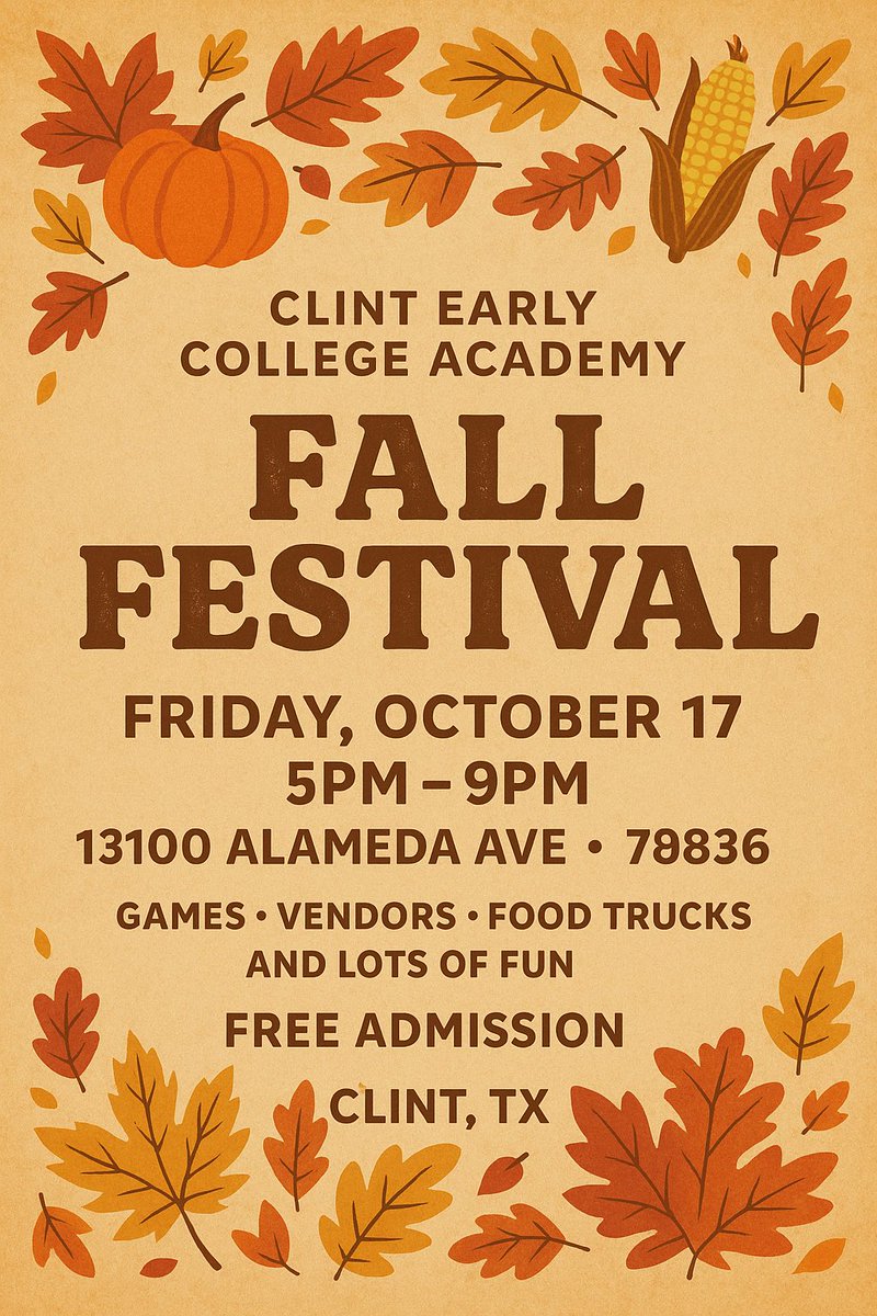 🍁🎉 Just 2 weeks away!
Our CECA Fall Festival is almost here—mark your calendars for Oct. 17! 🎶🍔🎪

#CECA #FallFestival #ClintTX