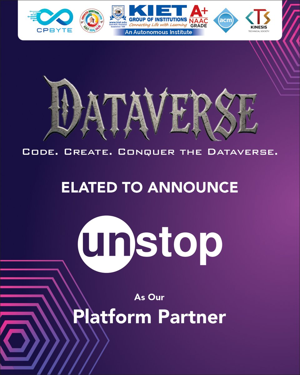 Kiet_edu's tweet image. ✨ Proud to partner with Unstop as the 𝐏𝐥𝐚𝐭𝐟𝐨𝐫𝐦 𝐏𝐚𝐫𝐭𝐧𝐞𝐫 for #Dataverse2025 🚀
Hosted by CPBYTE × Kinesis (CSE, KIET), this 2-day challenge is all about coding, innovation & collaboration. 💡
#Unstop #CodeCreateConquer #KIET #Innovation