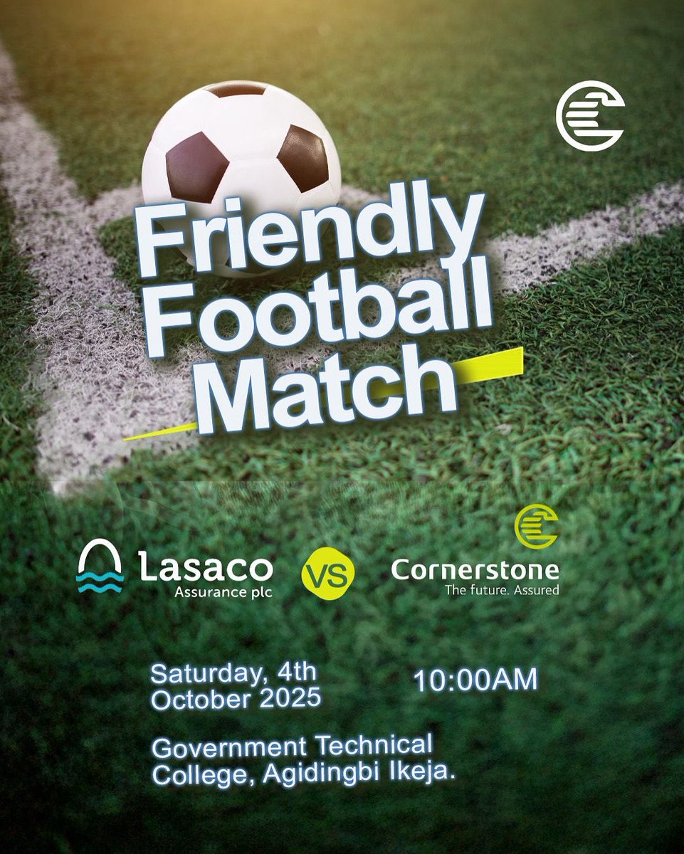 Join us for an exciting friendly match between Lasaco Assurance PLC and Cornerstone FC! 

Come cheer on our team, and experience a day of spirited sportsmanship. 

Let’s make this match unforgettable. See you there!

#FootballMatch #CornerstoneInsurancePLC #TheFutureAssured